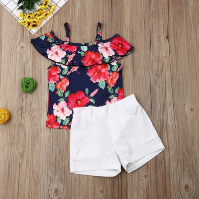 

Kids Girl White Shorts Clothes Set Toddler Navy Blue Rose Flower Off shoulder Top Pants 2 Piece Clothing Outfit