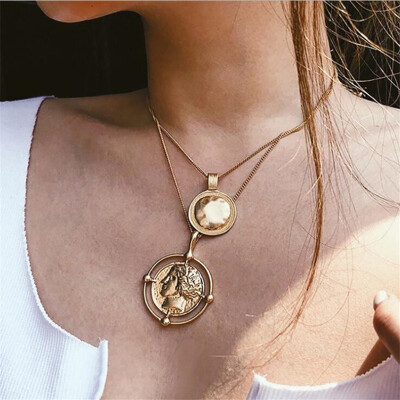 

Vintage Multi Layered Women Coin Necklace Choker Silver Gold Jesus Moon Rose Flower Pendant Necklace Long Chain Collier Jewelry