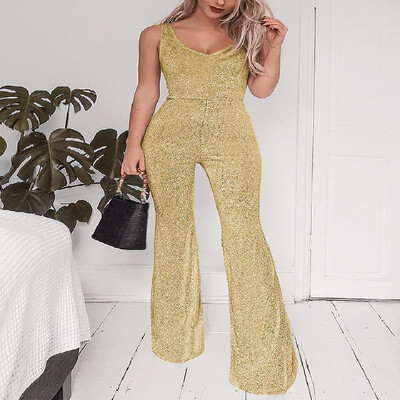 

V-neck Solid Color Singlet Bell-bottoms Maxi Jumpsuit