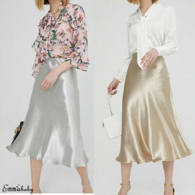 

Women Summer Shiny Satin Trumpet High Waist Skirt Metallic Party Long Maxi Skirt