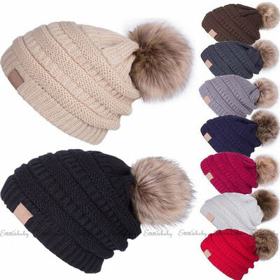 

Women Warm Winter Wool Knitted Beanie Large Fur Pom Bobble Hat Knitted Ski Cap