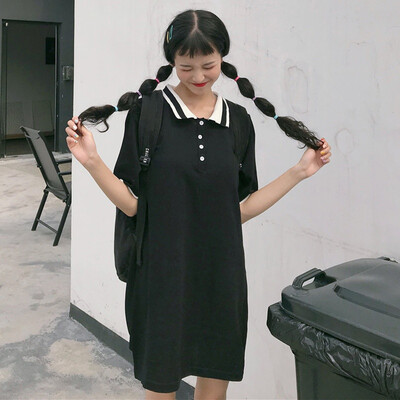 

Women Turn-down Collar Shirt Dress Casual Solid Color Mini Dresses Students Girls Dress