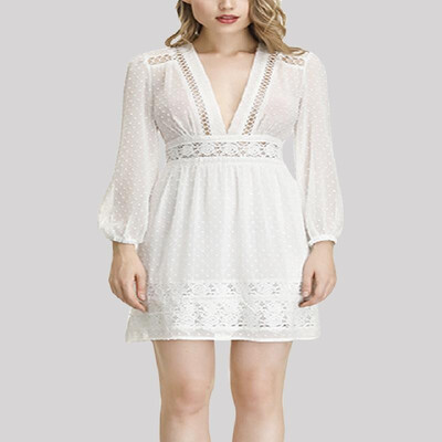 

Deep V-neck Solid Guipure Lacy Eyelets Long Sleeves Skater Dress