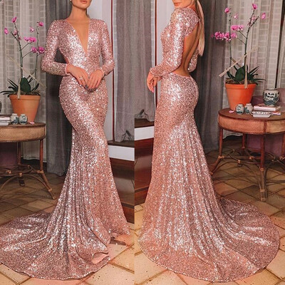

〖Follure〗Sexy Womens Long Sleeve V-Neck Sequined Mermaid Bodycon Cocktail Prom Gown Dress