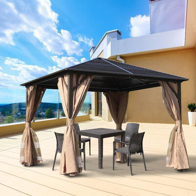 

10 x 10 Aluminum Metal Backyard Hardtop Gazebo with Screened Curtains - BlackBrown