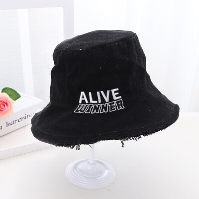 

Korean version of the new woolly denim fisherman hat solid-colored letter womens hat casual flat top basin hat big edge sun hat