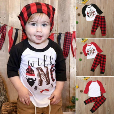 

USA 2Pc Newborn Kid Baby Boys Letter Tops Shirts Clothes Long Plaid Pants Outfit