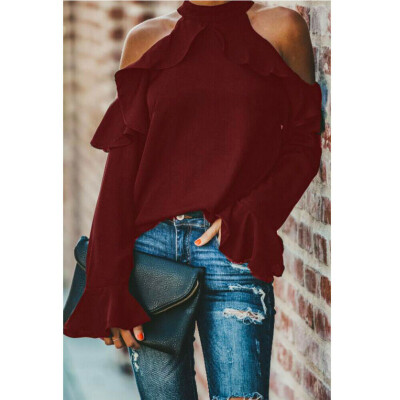 

Women High Neck Cold Shoulder Long Sleeves Ladies Pullover Jumper Tops Blouse