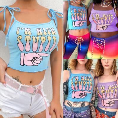 

Women Cartoon Casual Sleeveless Top Strappy Vest Crop Top Shirt T-shirt Clubwear