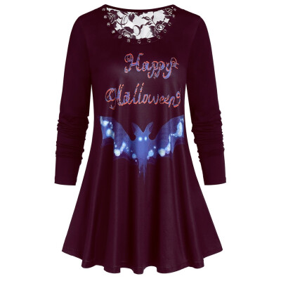 

Tailored Fashion Women Loose Long Sleeve Halloween Bat Print Lace Splic O-Neck Tops