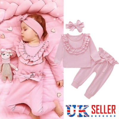 

Kids Toddler Baby Girl Pink Long Sleeve Ruffle Tops Bow-Knot Pants Outfit Set