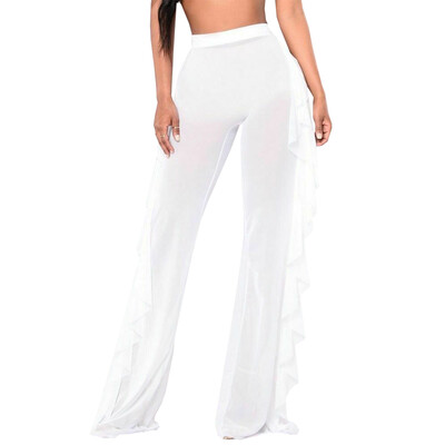 

Fashion Women See Through Sheer Mesh Ruffle Swimsuits Beach Cover Up Pants Sexy Wide Leg Pants Women Trousers
