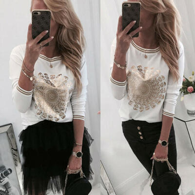 

US New Women Long Sleeve Top Loose Printed T-shirt Casual Graphic O-neck Blouse