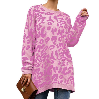 

Winter Women Knitwear Loose Mid Long Casual Euramerican Leopard Print Pullover Knitwear