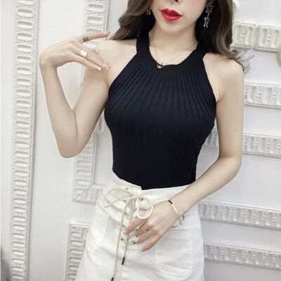 

Women Casual Basic Sexy Candy Color Knit Hanging Neck Bottoming Warm Vest Stretch Tank Tops