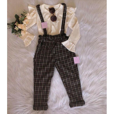 

AU Toddler Baby Girl Long Sleeve Ruffle Tops Plaid Sling Pants Autumn Outfit Set