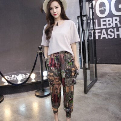 

Women Harem Pants Summer Elastic Waist Loose Colorful Floral Print Ankle-length trousers with national characteristics