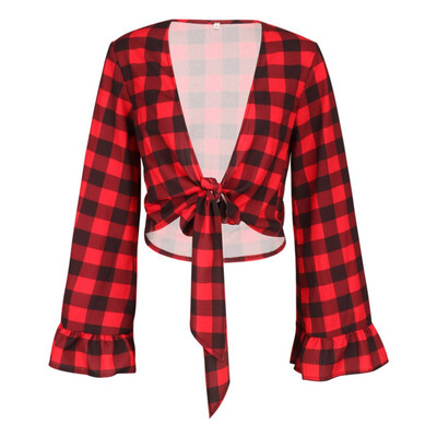 

Women Shirts Sexy Deep V Neck Plaid Women Top&Blouses Casual Flare Long Sleeve T-shirt Tops Female Clothes Bandage Shirt