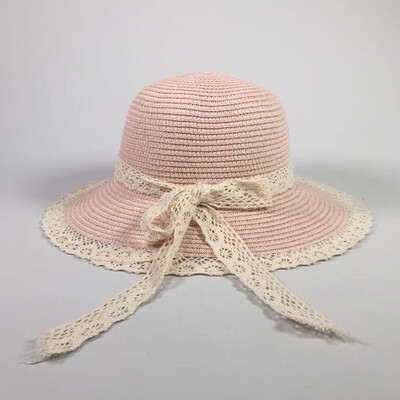 

Japanese small fresh Joker lace bow hat female summer travel large brim beach hat sun visor straw hat
