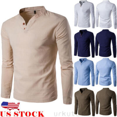 

US Mens Slim Fit Long Sleeve Shirt T-shirt Linen Dress Shirt Casual Tops Blouse