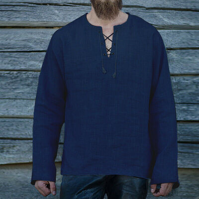 

Mens Linen V Neck Long Sleeve Basic Tee T-shirt Casual Tops Blouse -XXL