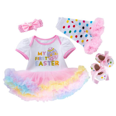 

4pcs Newborn Baby Cotton Easter Romper Dress Headband Leg Warmers Shoes Set