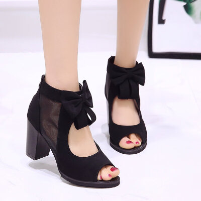 

Spring 2018 Rough-heeled Fishmouth Sandals Single Shoes Womens Butterfly-knotted Mesh High-heeled Shoes Womens Fashion Summer