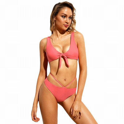 

Solid color tube top strap tie bikini with chest pad high waist split swimsuit