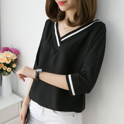 

Women Clothes Tee Shirt Three Quarter Sleeve V-Neck Ladies Summer Tops Tees Striped Tshirt Women Casual Loose Tops