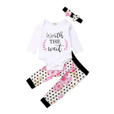 

Toddler Kids Baby Girl Long Sleeve Romper Floral Pants With Headband Jumpsuit Bodysuit Outfit Set