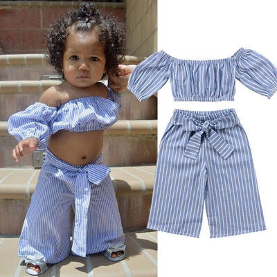 

Baby Kid Girl Off-shoulder Tops T-shirt Loose Stripe Bowknot Pants Outfits Sets