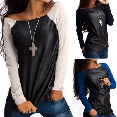 

2018 Sexy Women Leather Long Sleeve Sweatshirt T-Shirt Casual Loose Blouse Tops