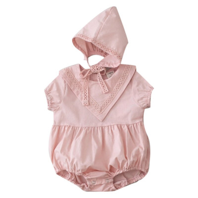 

Lovely Infant Summer Round Collar Short Sleeve Solid Color Girls Jumpsuit Climb Hat 2pcs Set 0-3Y Cute Newborn Baby Clothes