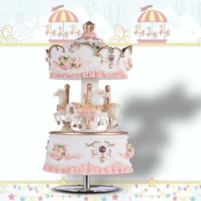 

Muslady Laxury Windup 3-horse Carousel Music Box ArtwareGift Melody Castle in the Sky PinkPurpleBlueGold Shade for Option