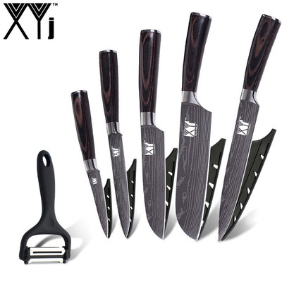 

XYj Damascus Veins Kitchen Knives Cutlery Stainless Steel Knife Set Tools Gift Covers 5 PCS Kitchen KnifeMulti Function Peeler