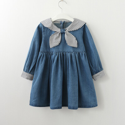 

Toddler Kid Girls Long Sleeves Belt Striped Denim Kids Clothing Princess Dress