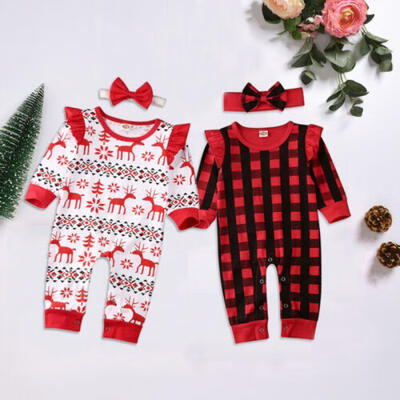 

UK Christmas Plaid Deer Print Romper Overall Clothes Xmas Gift For Kid Baby Girl