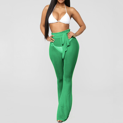

Fashion Women Solid Mesh Perspective High Waist Bandage Casual Beach Long Pants