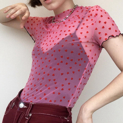 

Love Print Elastic Mesh Perspective Short-sleeved Exposed Navel T-shirt O Collar Wooden Ear Ladies Shirt