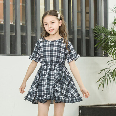 

Toddler Baby Kid Girls Ruffles Ruched Plaid Princess Dresses Casual Clothes