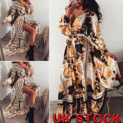 

UK Womens Boho Long Dresses Ladies Summer Beach Slit V-Neck Maxi Dress Size 8-22