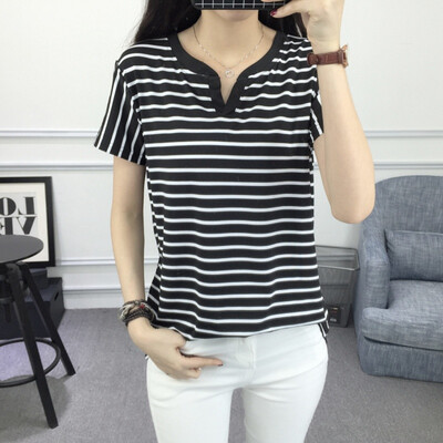 

Fashion Ladies Striped Short-sleeved T-shirt Small V-neck Slim Breathable T-shirt