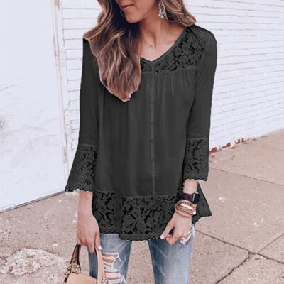 

Womens Tops T-Shirt Summer V-Neck Lace Splicing 34 Sleeve Casual Blouse M3XL