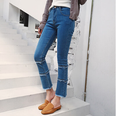 

Women Micro-horn Stretch Trousers Zipper Tight High Waist Jeans Nine Points Denim Pants