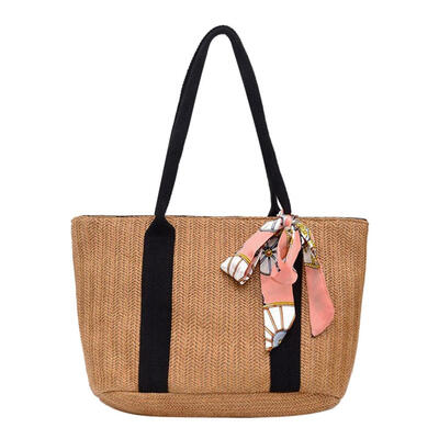 

Straw Shoulder Handbags Women Big Top-handle Bags Silk Decor Shopping Totes