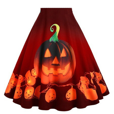 

Roseonmyhand Women Halloween Plus Size Pumpkin Print Halloween High Waist Pleated Skirt Dress