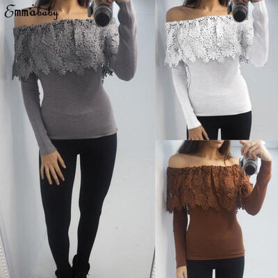 

Fashion Women Off-Shoulder Long Sleeve Shirt Casual Lace Blouse Tops T Shirt