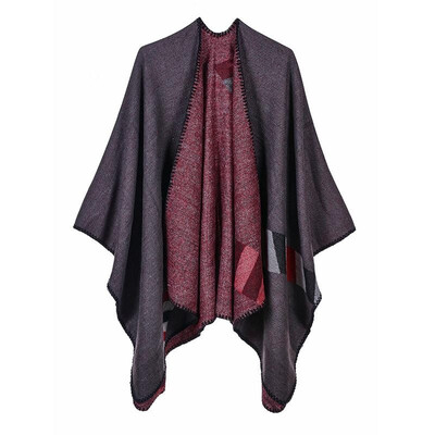

Women Poncho Cardigan Sweater Contrast Color Block Geometry Cashmere Capes Shawl Scarf Outerwear