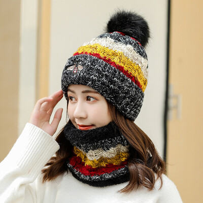 

Hat lady autumn&winter wool shield ear warm knitted hat small bee hair ball cover head hat neck two-piece set