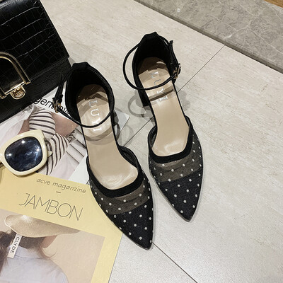 

Single Shoe Women Summer Baotou Mesh Bow Point Coarse-heeled One-word Button-pointed Chic High-heeled Shoes
